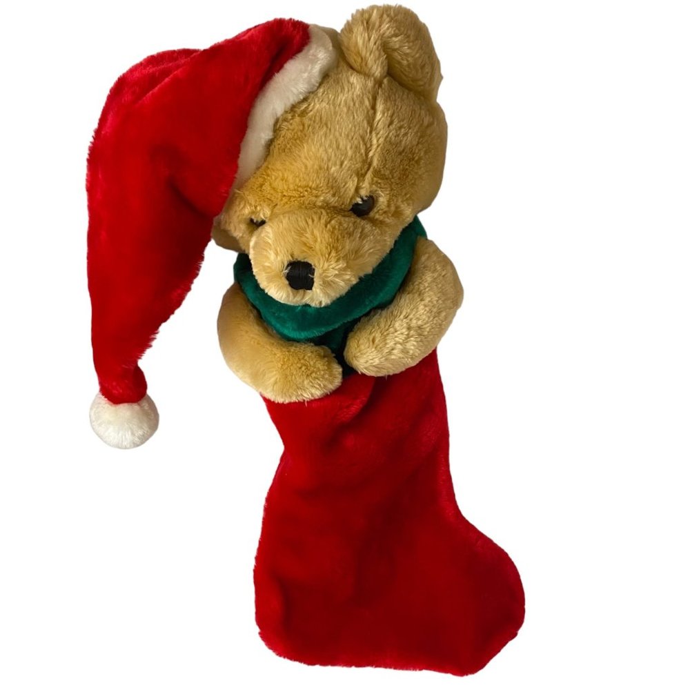 Brown bear with Santa hat plush Christmas stocking holiday 21"x 6"